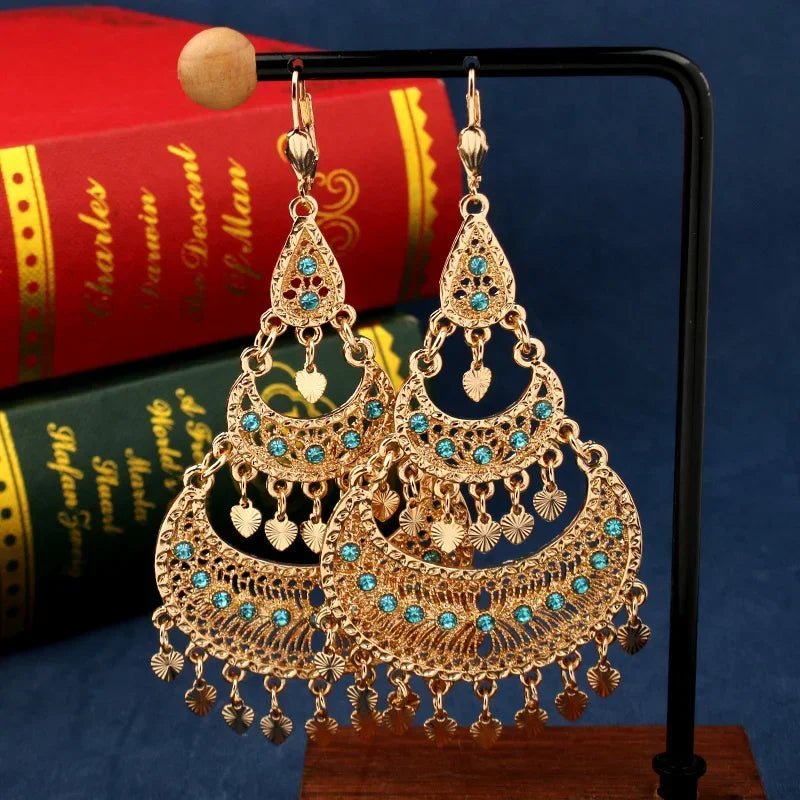Arab Muslim Wedding Jewelry Gold Plated Pendant Earrings Crystal Moon Shape Ethiopian Turkish Bridal Gift Fashion Accessories