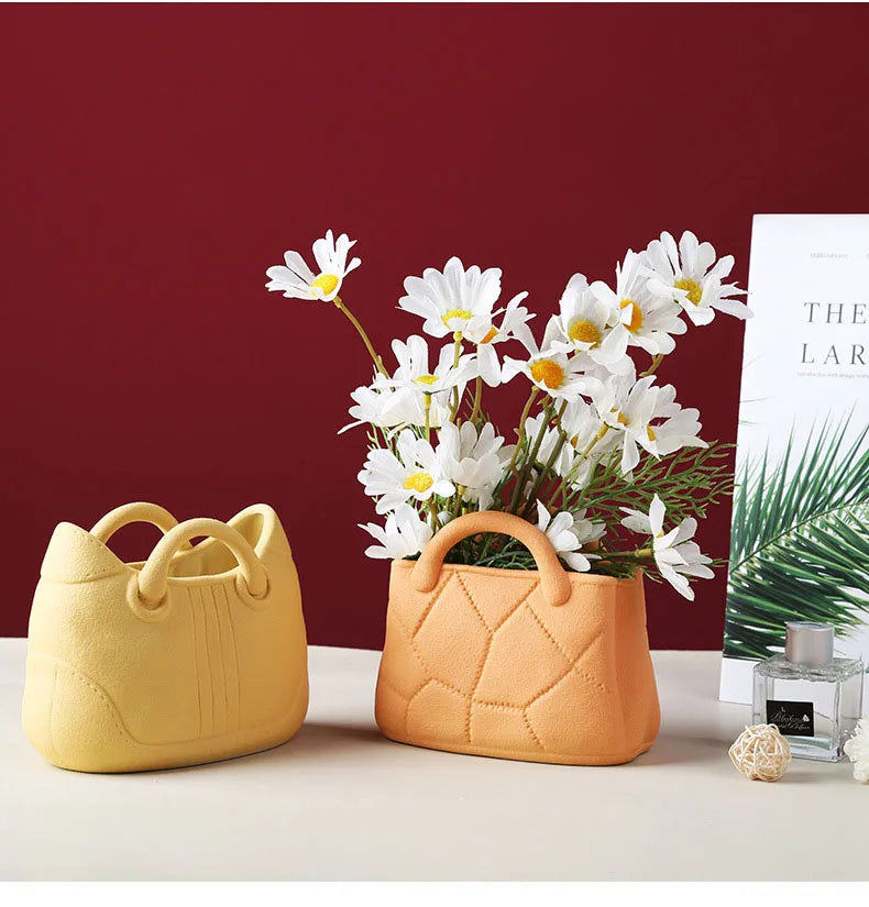 Creative Woven Handbag Vase Ceramic Flower Pots Decorative Flower Arrangement Desk Decoration Ornaments Crafts Floral Vases