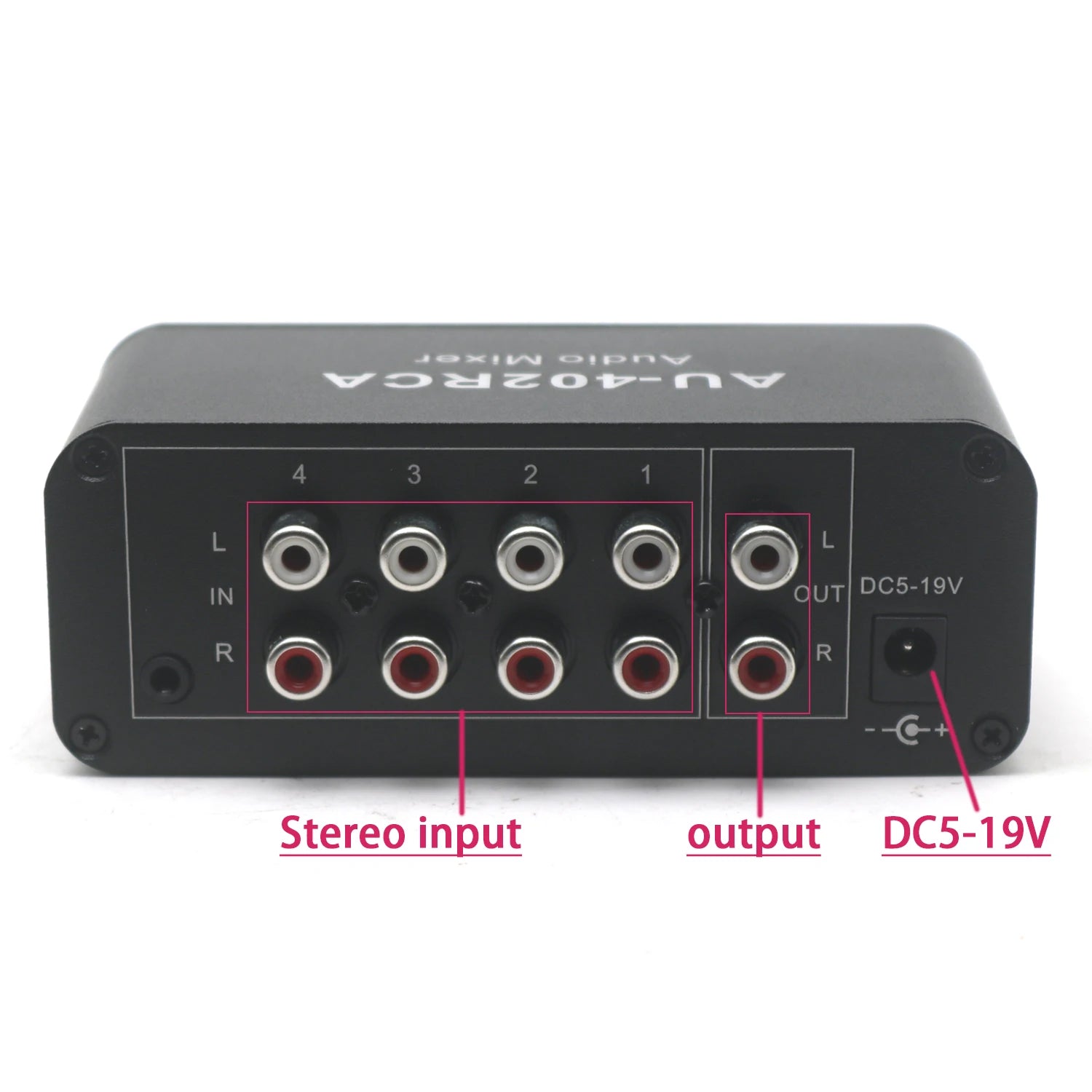 4-in/2-out Stereo Audio Mixer - RCA 3.5mm Inputs Auto-Mixing No Switching Required Volume Control Drive Headphone Amplifier