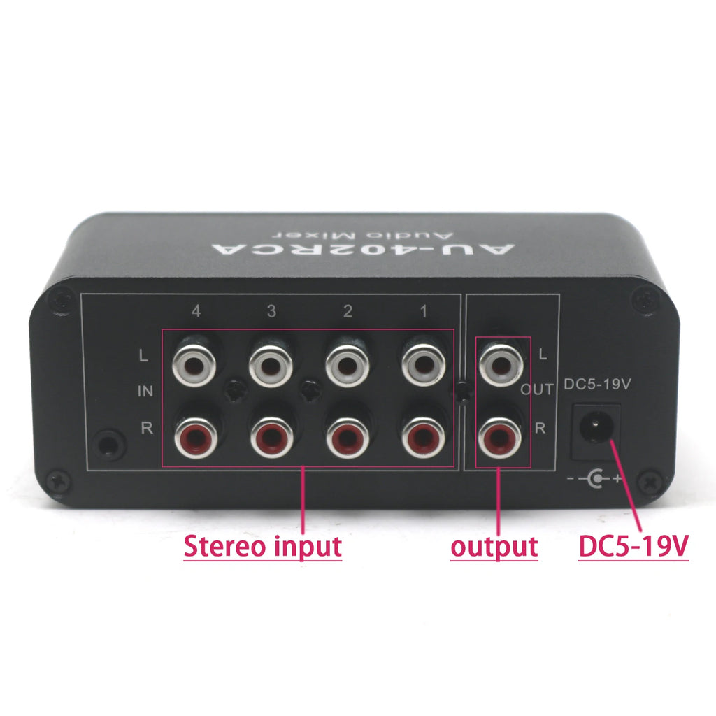 4-in/2-out Stereo Audio Mixer - RCA & 3.5mm Inputs Auto-Mixing No Switching Required Volume Control Drive Headphone Amplifier
