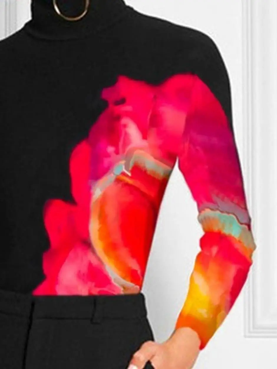 Casual Spring Women Tops Fashion Contrast Color Printed 2025 New Long Sleeve High Neck Skinny T-Shirts For Office Lady