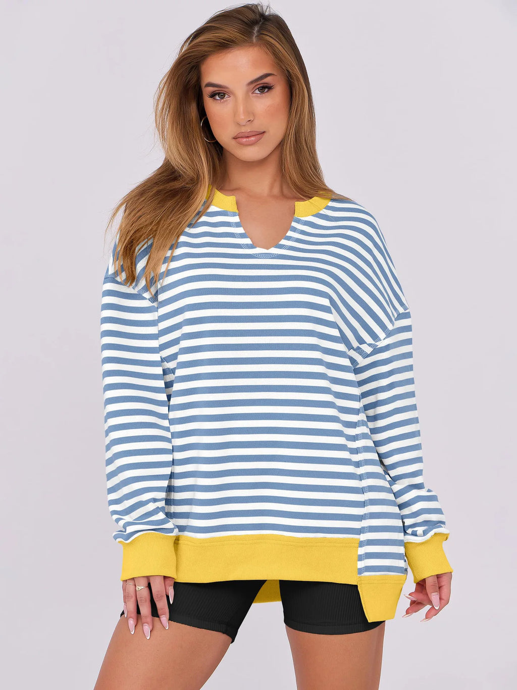2026 Spring Sweatshirts Women Sweatshirt Tops V Neck Full Sleeve Y2k Streetwear Work Casual Loose Elegant Striped Top Autumn