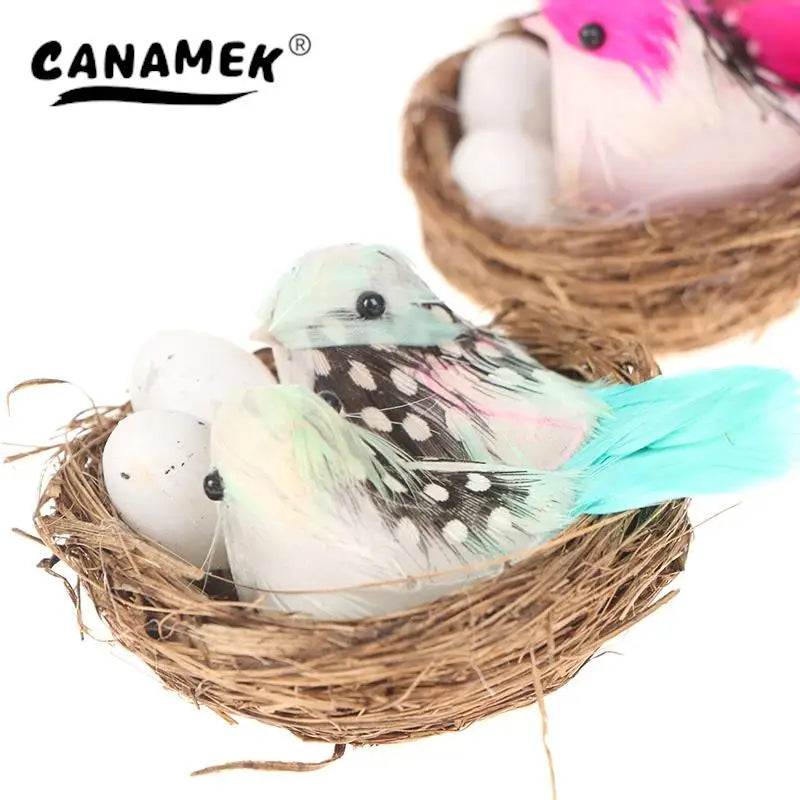 1 Set Artificial Feathered Birds & Nest & Egg Creative Craft Birds Sculpture Art Decoration Home Garden
