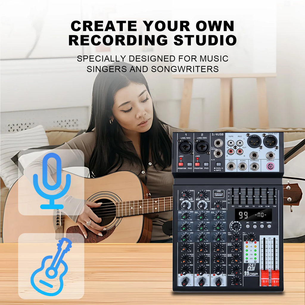 99 effects 4-channel mixing console with balance adjustment function Digital USB Bluetooth Echo Delay Effect 48V Stereo
