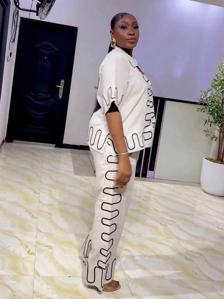 2 Pieces Set for Woman Summer Short Sleeve White Top and Loose Straight Trouser Casual Streetwear Shirt and Pants Set Outfit