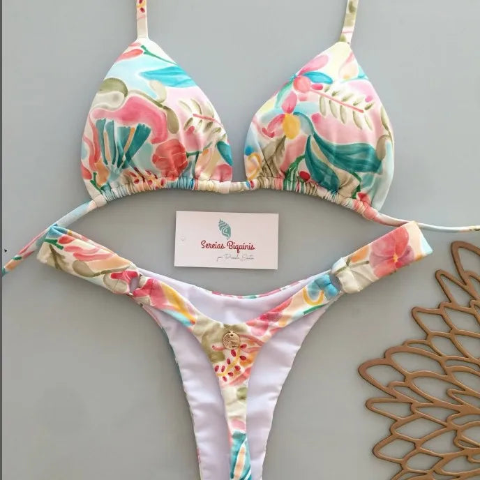 2026 New Bikinis Women Swimsuit Sexy Swimwear Halter Bikini Set Lace-up Biquine Brasileiro Thong Print Beachwear Party Wear