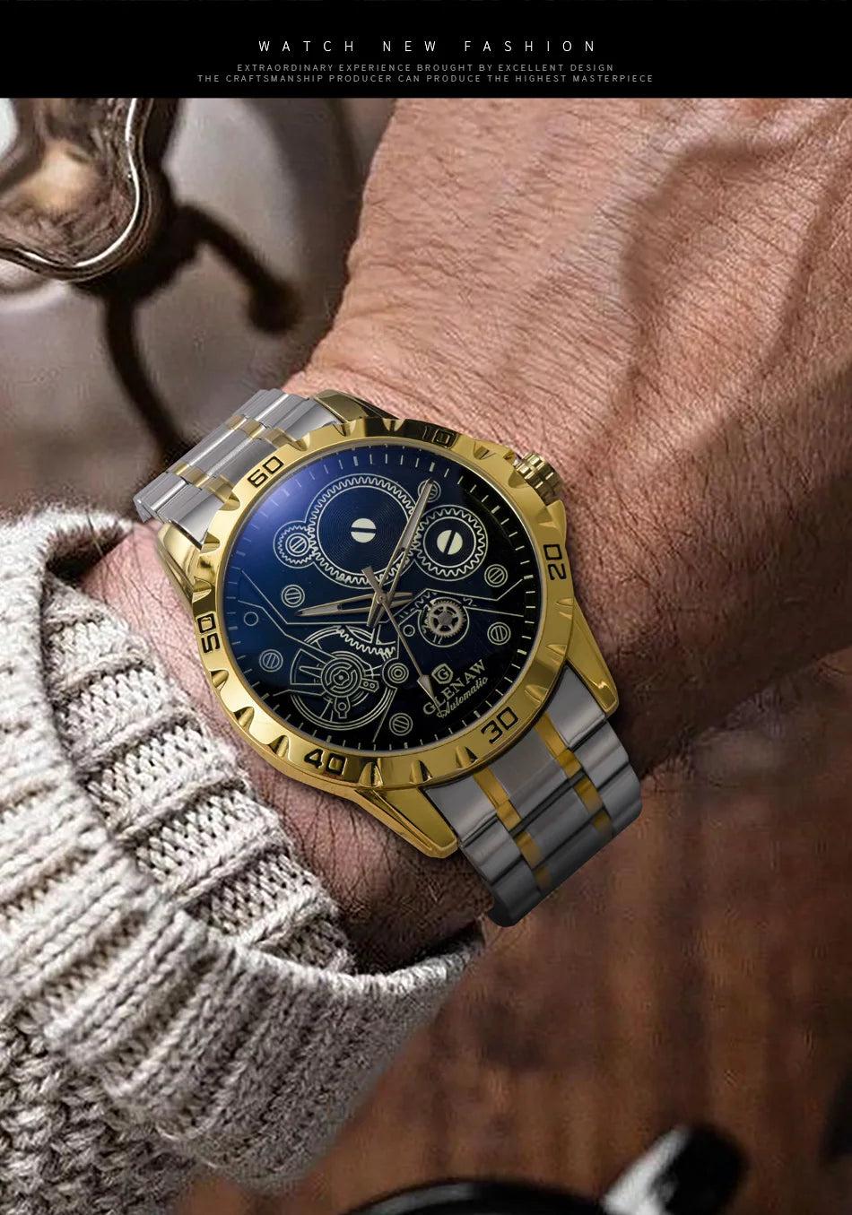 2025 New Glenaw Watches Gear Mechanical All Luminous Design Style Stainless Steel Waterproof Mechanical Watch Men Clock GL8688