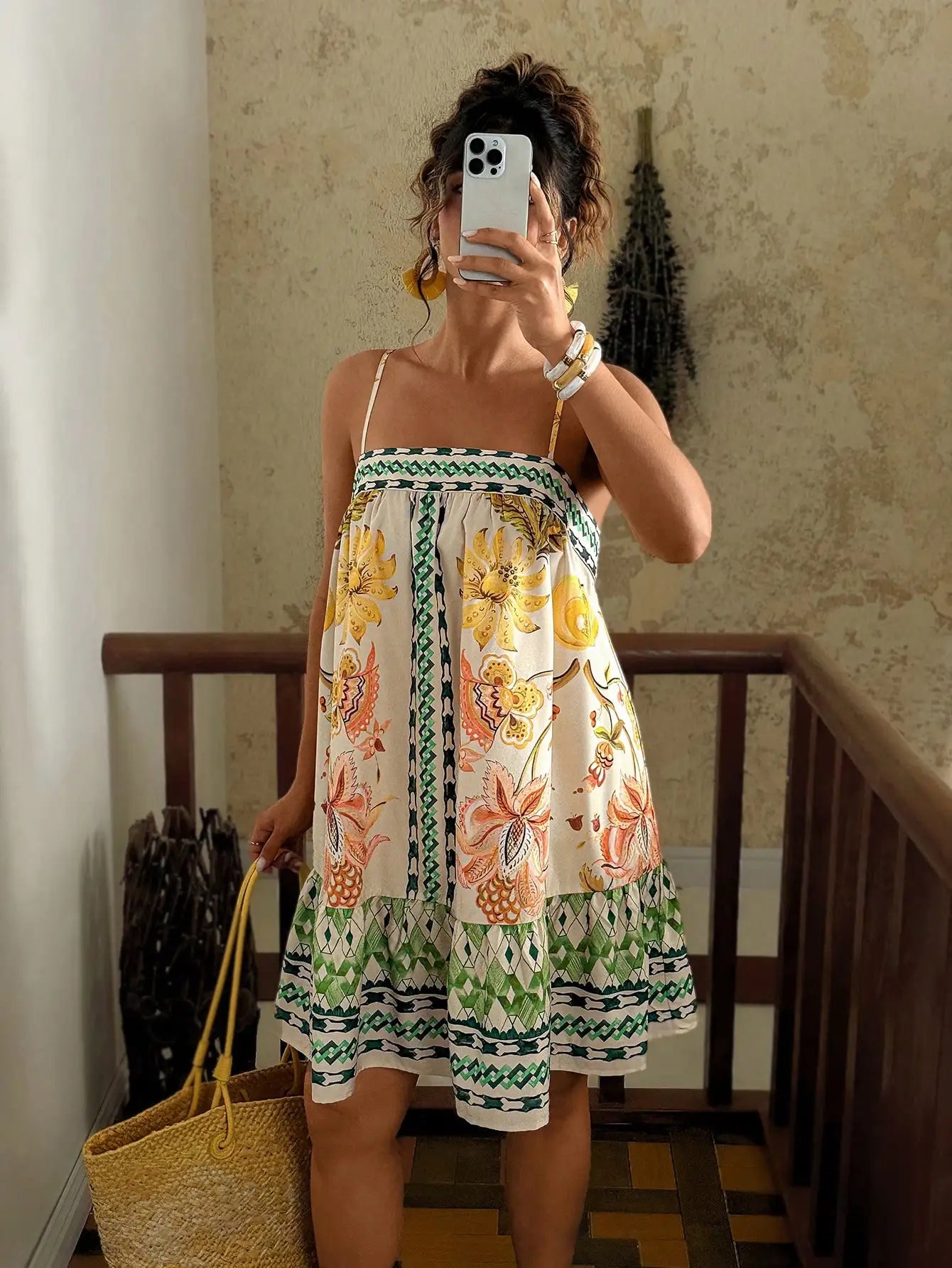Boho Floral Print Plus Size Sundress with Green Geometric Trim, Summer Vacation Dress