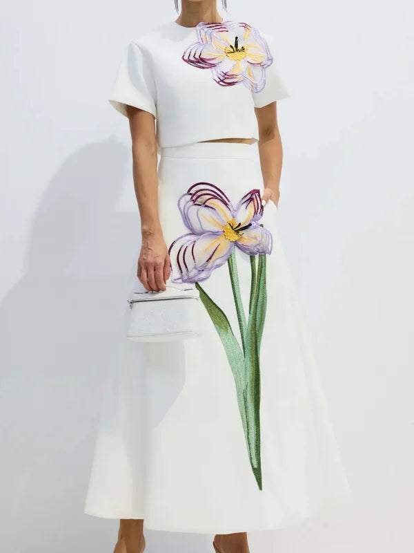 2026 Spring Fashion Women's Floral Printed Dress Sets Short Sleeves Cropped T-shirt & High Waist Pleated Skirt Casual Skirt Set
