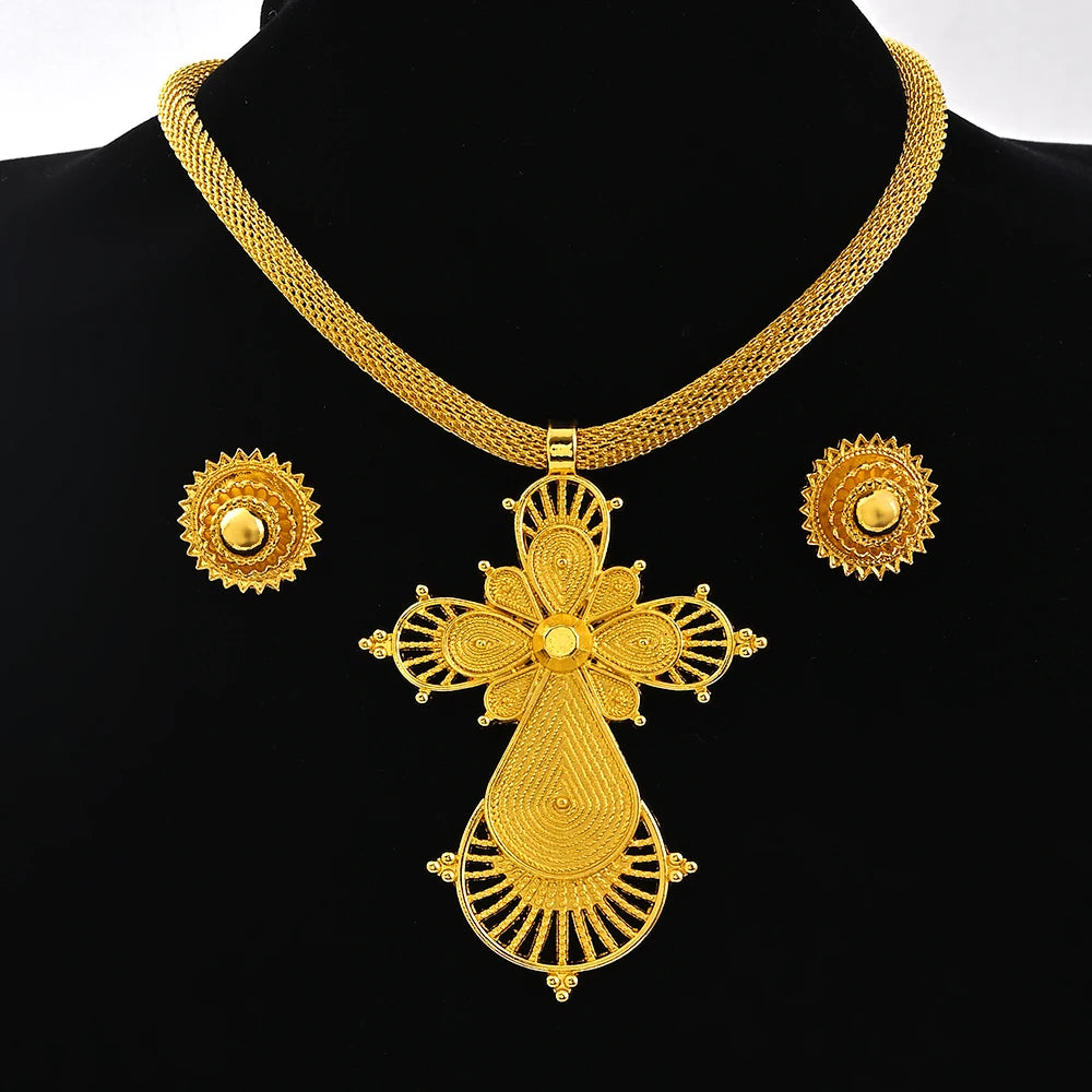 Ethiopian Big Size Pendant Chokers Collar and 2CM Earrings Ethiopian Jewelry Sets Eritrean African Habesha