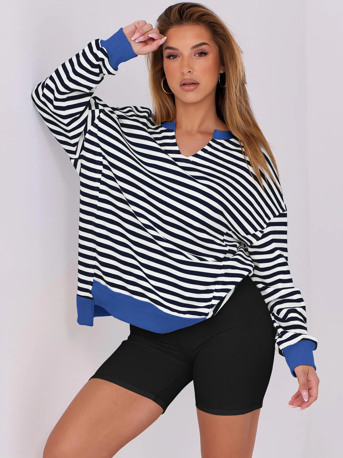 2026 Spring Sweatshirts Women Sweatshirt Tops V Neck Full Sleeve Y2k Streetwear Work Casual Loose Elegant Striped Top Autumn