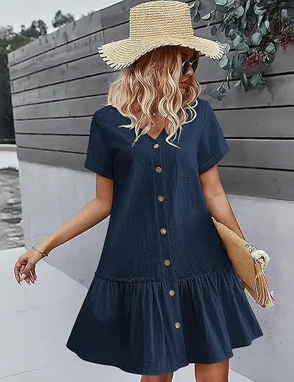 Casual Cotton Linen Summer Mini Dress For Women V-Neck Ruffles Short Sleeve Short Dress Ladies Fashion Loose Button Dresses