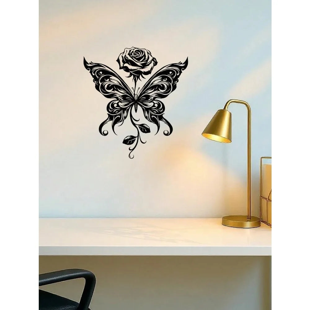 "Eternal Bloom" Metal Wall Art Black Butterfly Rose Sculpture, Minimalist Matte Iron Decor for Living Room Bedroom, Modern Home