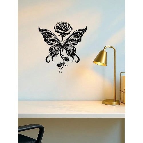 "Eternal Bloom" Metal Wall Art Black Butterfly Rose Sculpture, Minimalist Matte Iron Decor for Living Room Bedroom, Modern Home