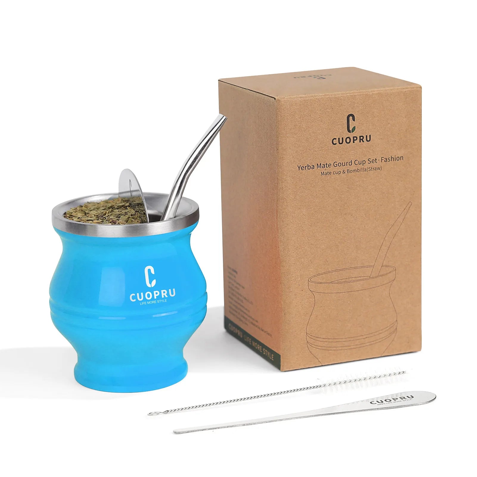 5 in 1 Yerba Mate Cup Set, Include CUOPRU Double Walled StainlMate Gourd, Tea Separator set, Bombillas(Straw) and Cleaning Brush