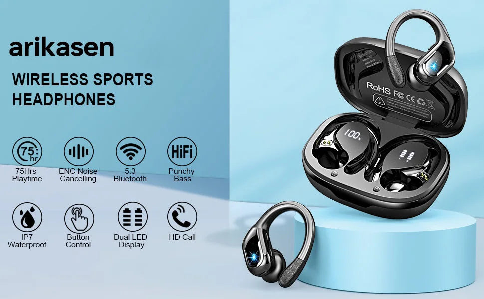 75Hrs Bluetooth 5.3 IP7 Waterproof Wireless Headphones with ENC Noise Cancelling Deep Bass Earhook For Sports Workout Gym Earbud