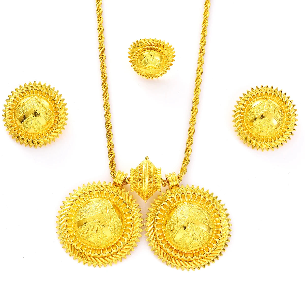 Eritrean Ethnic Style Jewelry Set Gold Color Necklace Pendant Ring Earring Ethiopian Bride Traditional Wedding Jewelry Gift #086