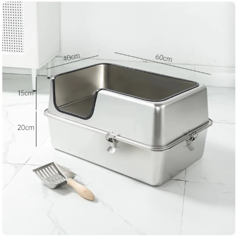 Extra-Large 60cm Cat Litter Box Stainless Steel Cat Poop Tray Raised Fence Cat Toilet Odor-Proof Anti-Splash Pet Litter Box