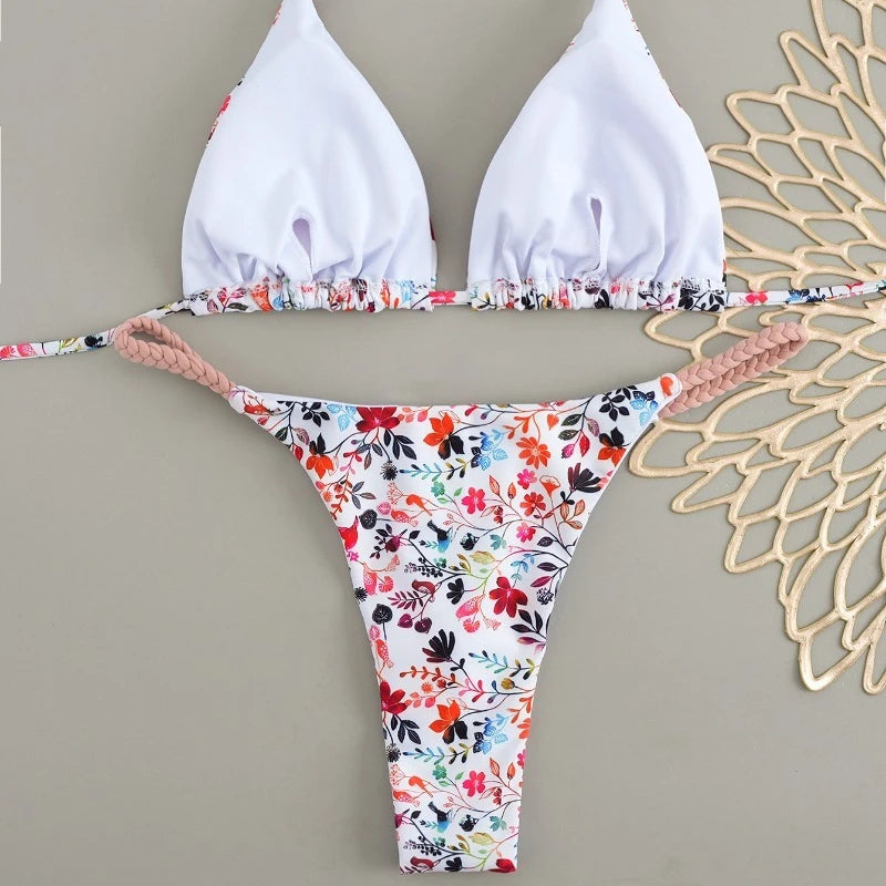 2026 New Bikinis Women Swimsuit Sexy Swimwear Halter Bikini Set Lace-up Biquine Brasileiro Thong Print Beachwear Party Wear