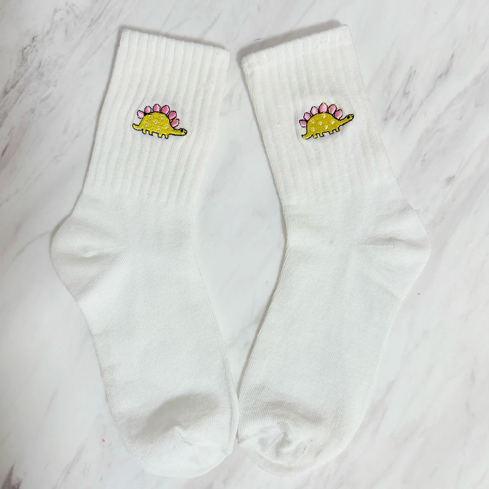 5 Pairs/Pack Cute Women Embroidery Dinosaur Socks White Lovely Cartoon Animal Vintage Shortnovelty Crazy Funny Cozy Socks