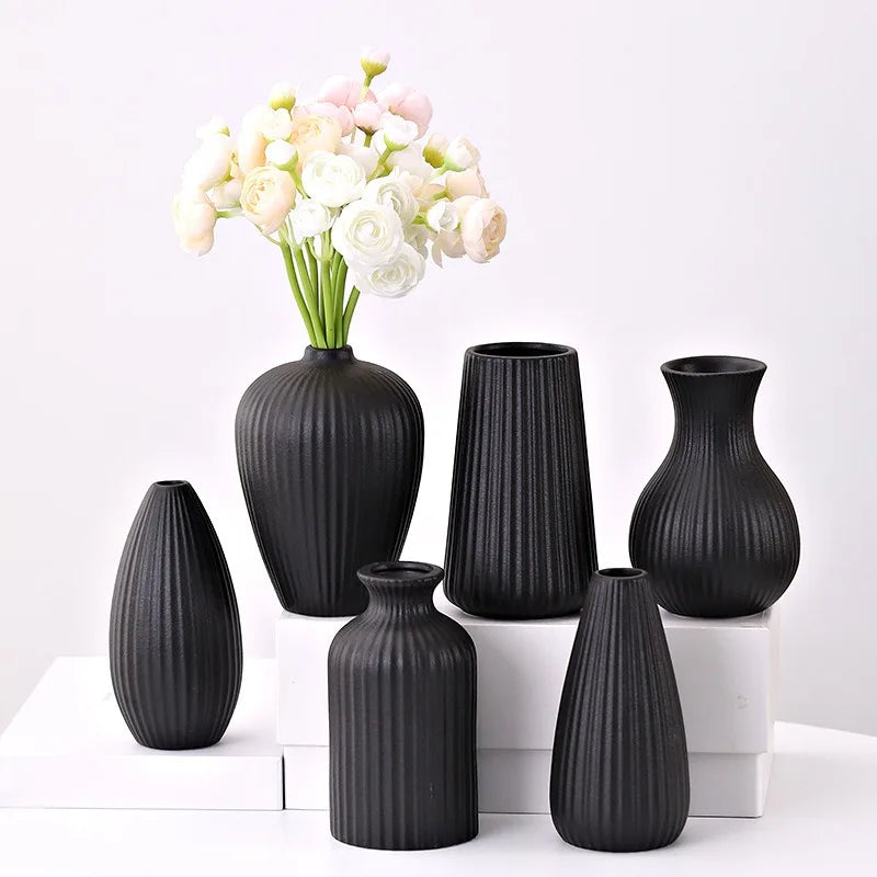 1PC Black Ceramic Vase Flower Ceramic  for Flowers Small Vase for Office and Living Room Home Decoration Ceramic Vase jarrones