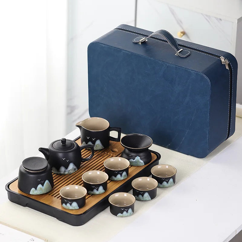 11pcs Japanese Travel Tea Set with Teapot Tea Cups And Bamboo Tray Hand-Painted Ceramic Tea Set with Gift Box And Storage Box