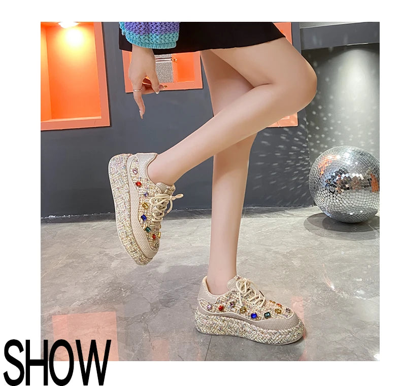 Designer Sneakers for Women 2025 New Spring Shiny Rhinestones Women's Vulcanize Shoes Fashion Autmn Platform Casual Shoes Female