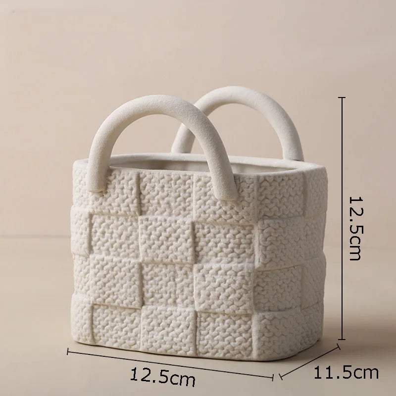 Creative Woven Handbag Vase Ceramic Flower Pots Decorative Flower Arrangement Desk Decoration Ornaments Crafts Floral Vases
