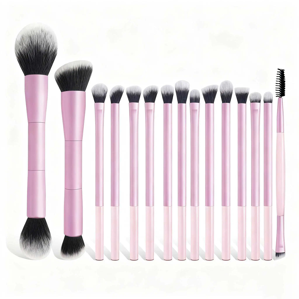 15 PCS Makeup Brushes Double-ended Makeup Brush Set Double Sided Angled/Round Top Brush Foundation Contour Blending Eyebrow Eyes