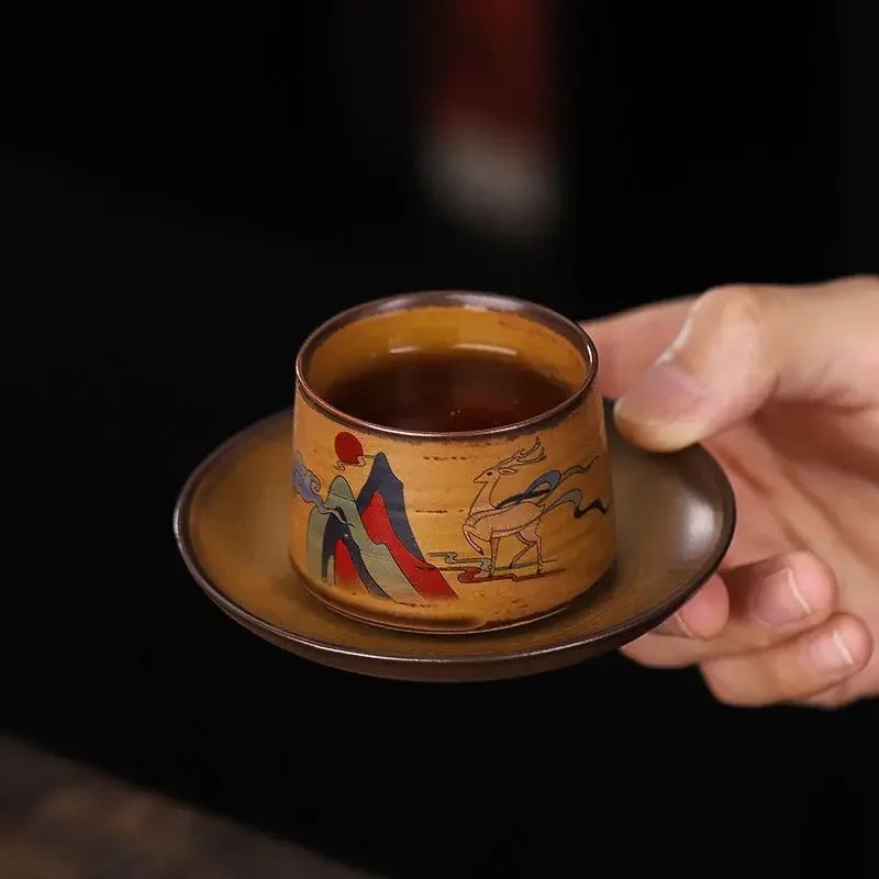 2-piece set Handmade retro sauce glazed tea cup, tea tasting cup, household cup, kung fu tea cup ceramic cup, owner's single cup