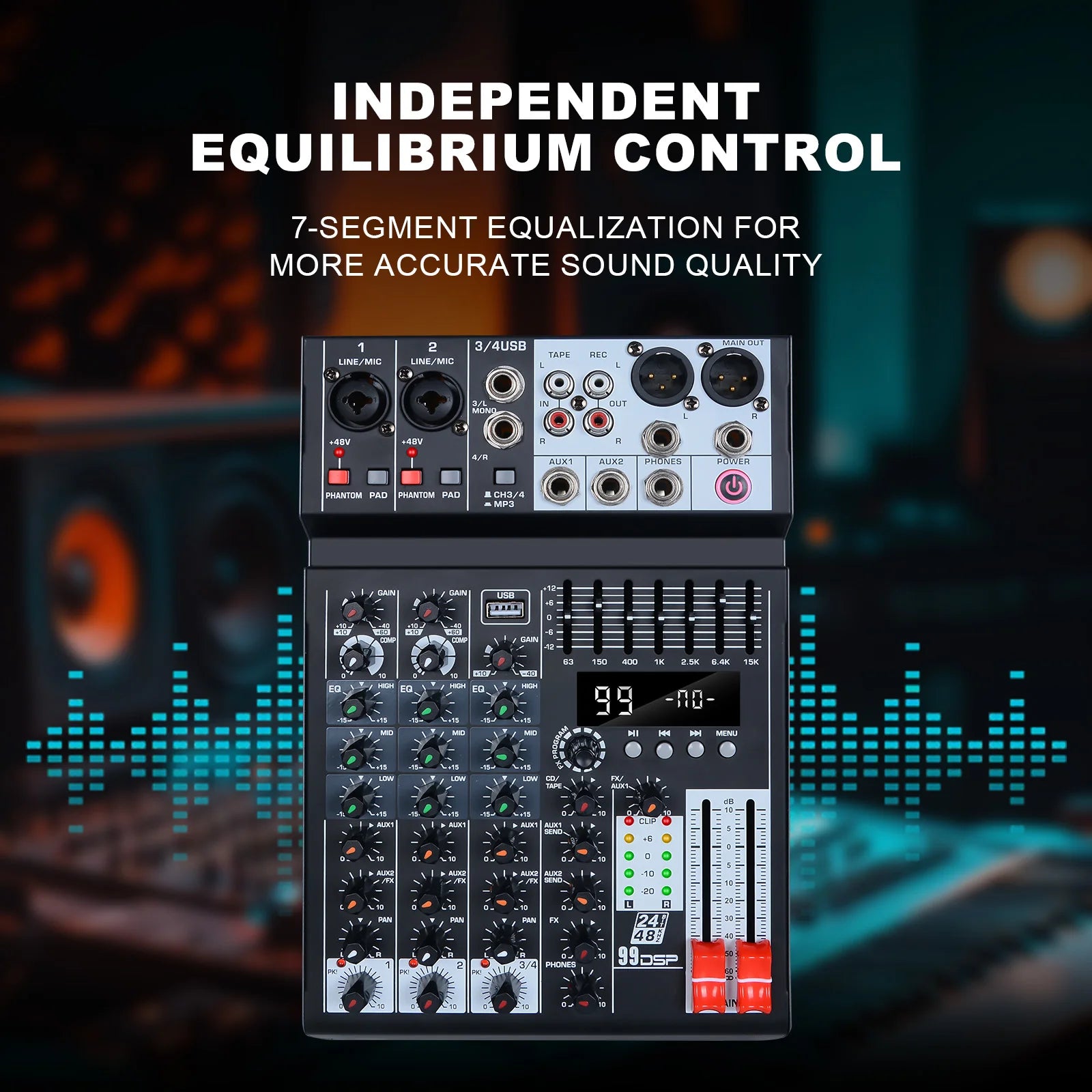 99 effects 4-channel mixing console with balance adjustment function Digital USB Bluetooth Echo Delay Effect 48V Stereo