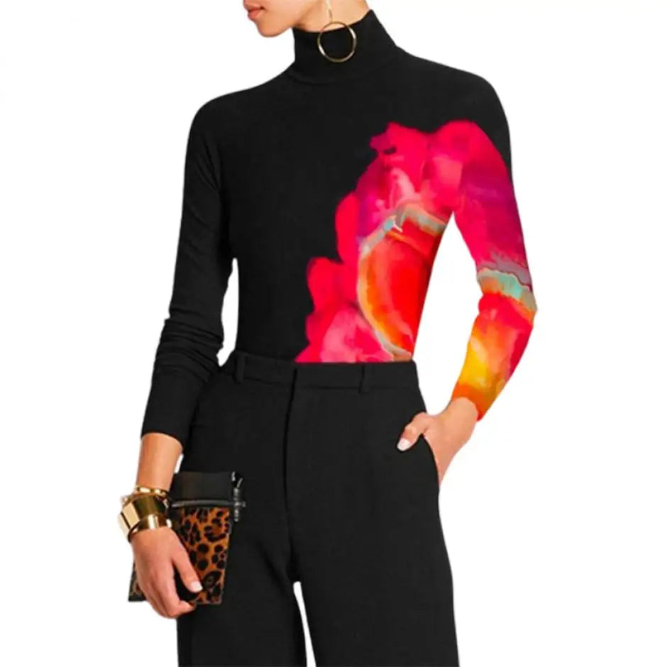 Casual Spring Women Tops Fashion Contrast Color Printed 2025 New Long Sleeve High Neck Skinny T-Shirts For Office Lady