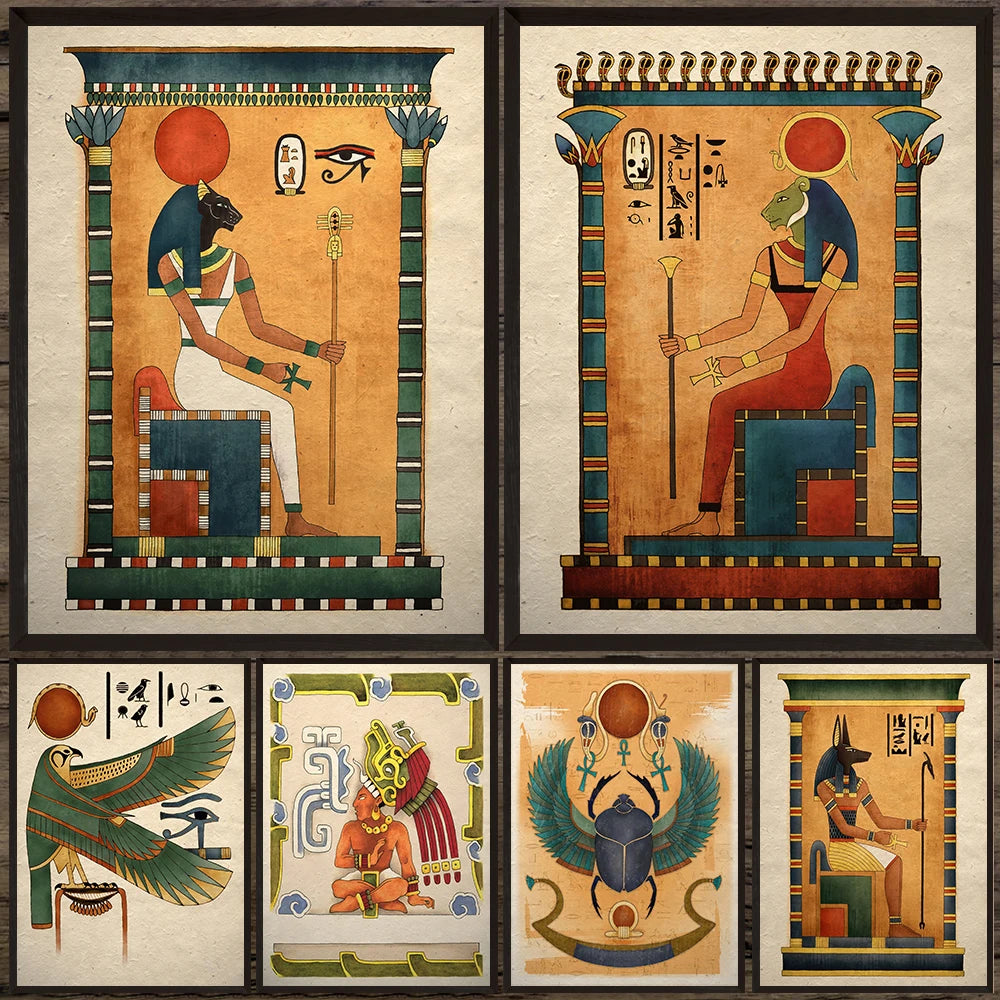 Ancient Egyptian Art Poster Print,Scarab,Anubis,Sekhmet,Horus Falcon,Ancient Gods Wall Art Canvas Painting,Home Decor Unframed