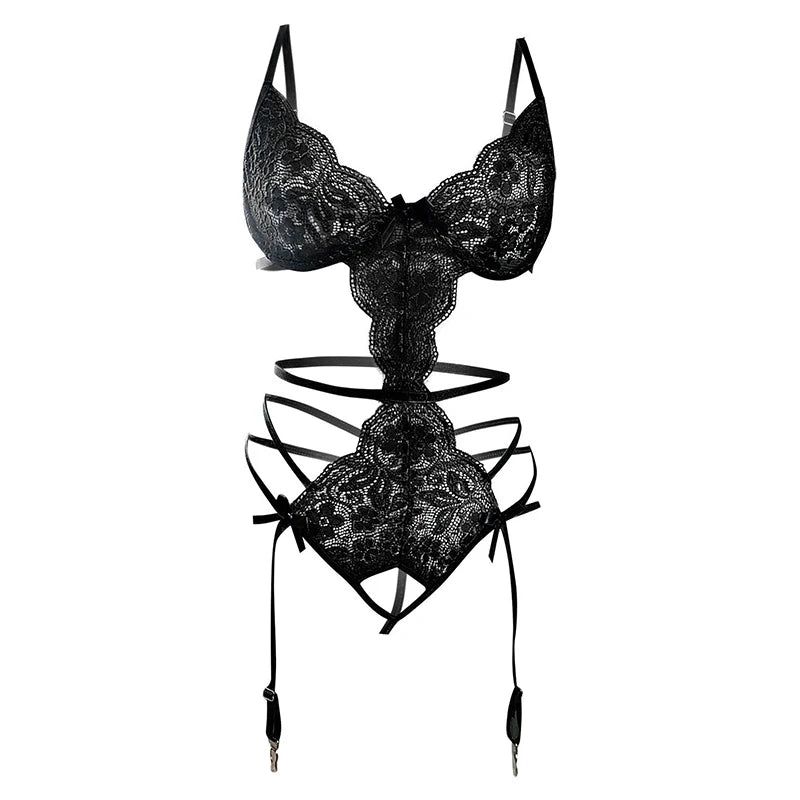 Erotic Lingerie For Women Sexy Costume Garter + Thong Set Lace Mesh Nightie Deep V Suspenders Baby Doll Dress Porn Underwear Set
