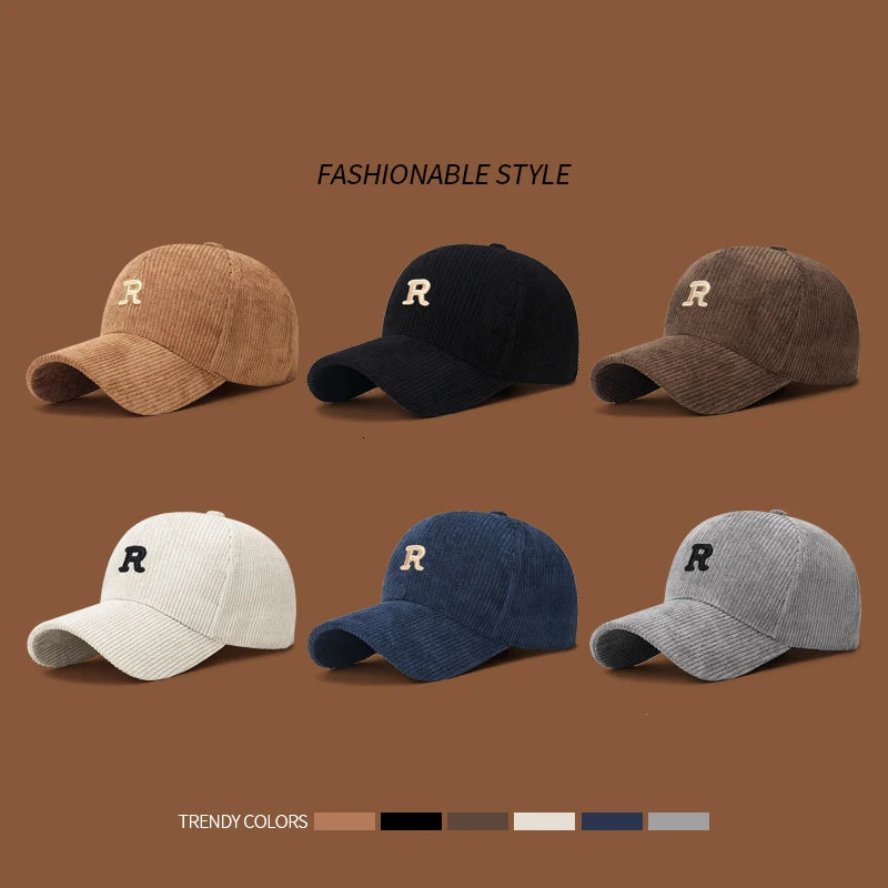 Corduroy Baseball Cap with 3D Embroidered 'R' Letter Solid Color Adjustable Structured Hat Stylish Fall and Winter Accessory