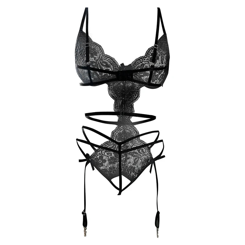 Erotic Lingerie For Women Sexy Costume Garter + Thong Set Lace Mesh Nightie Deep V Suspenders Baby Doll Dress Porn Underwear Set