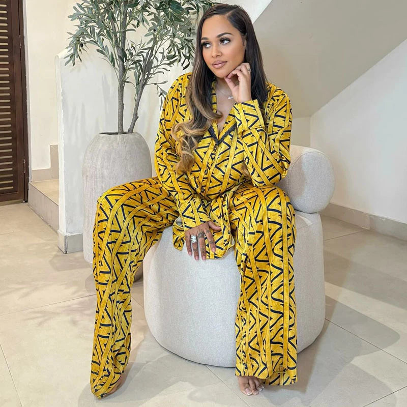 African Fashion Women Two Piece Set Printed Loose Long Sleeve Turn Down Collar Shirt and Long Pants Set Streetwear