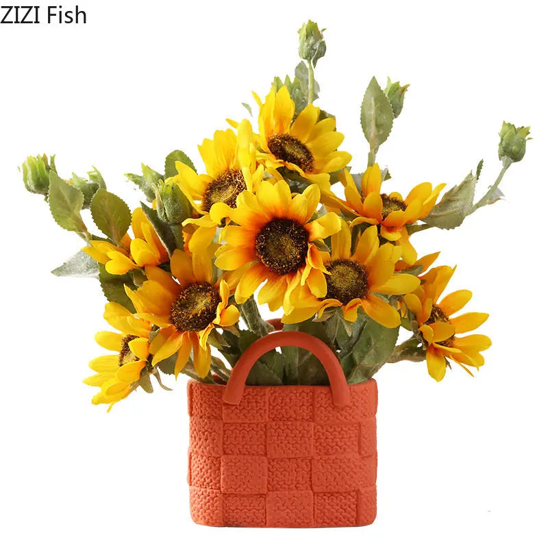 Creative Woven Handbag Vase Ceramic Flower Pots Decorative Flower Arrangement Desk Decoration Ornaments Crafts Floral Vases