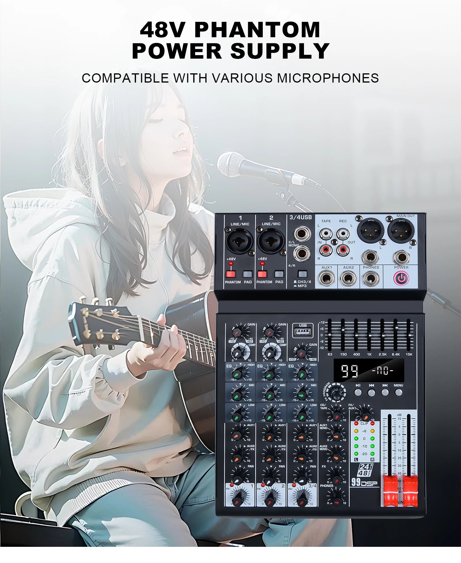 99 effects 4-channel mixing console with balance adjustment function Digital USB Bluetooth Echo Delay Effect 48V Stereo
