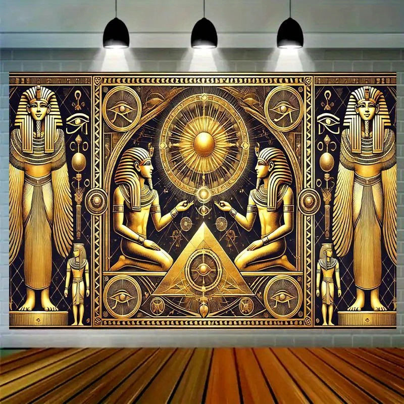 1 ancient Egyptian art party banner with pictographic symbols, designed in gold and black