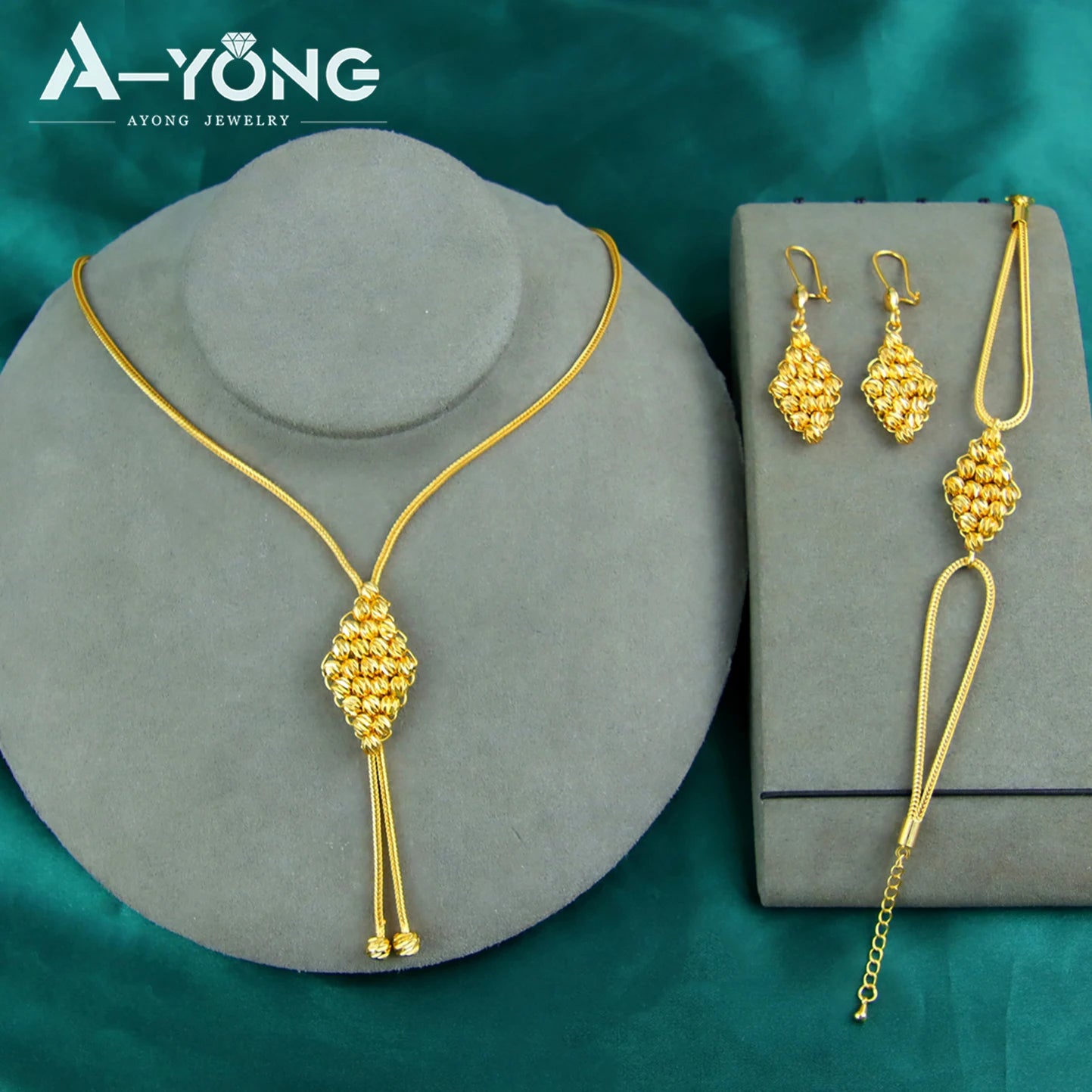 Arabic Gold Beads Jewelry Set 21k Gold Plated Dubai Women Bride Wedding Necklace Bracelet Earrings Ethiopian Fashion Jewellry