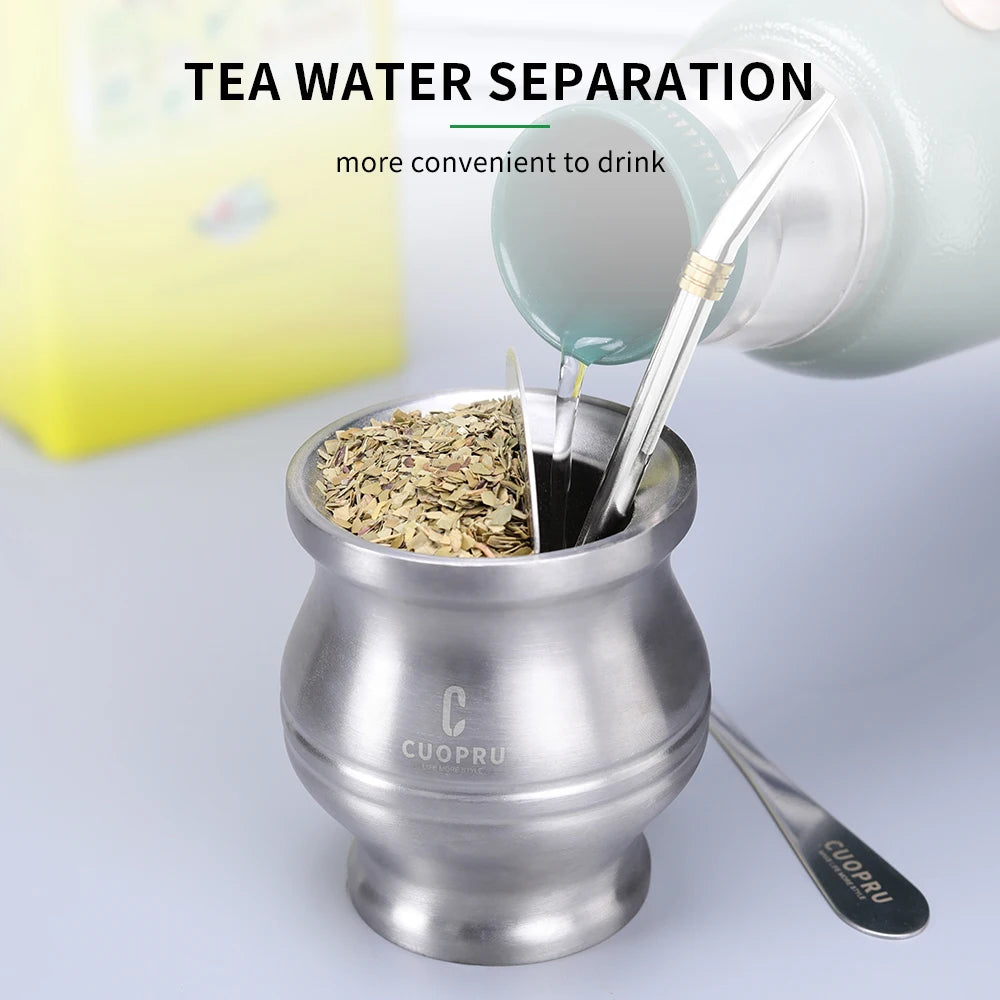 5 in 1 Yerba Mate Cup Set, Include CUOPRU Double Walled StainlMate Gourd, Tea Separator set, Bombillas(Straw) and Cleaning Brush