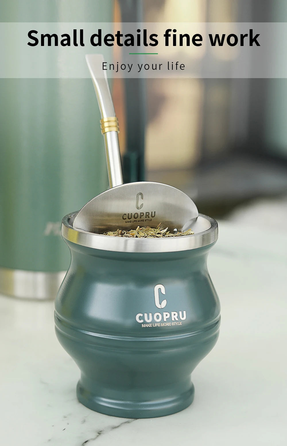 5 in 1 Yerba Mate Cup Set, Include CUOPRU Double Walled StainlMate Gourd, Tea Separator set, Bombillas(Straw) and Cleaning Brush