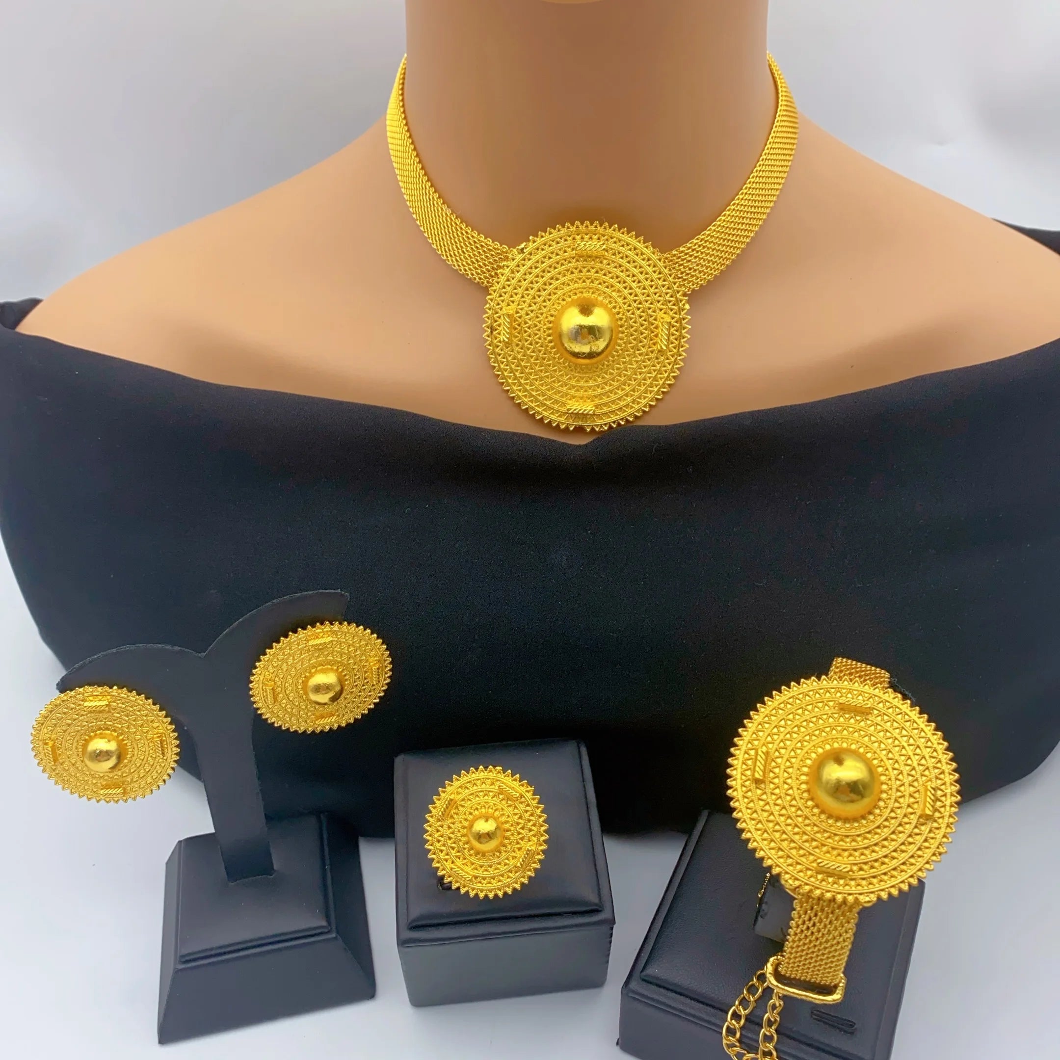 Ethiopian 24k Gold Color Charm Necklace Earrings Set For Lady Africa Big Pendant Choker Jewelry Wedding Party Accessories