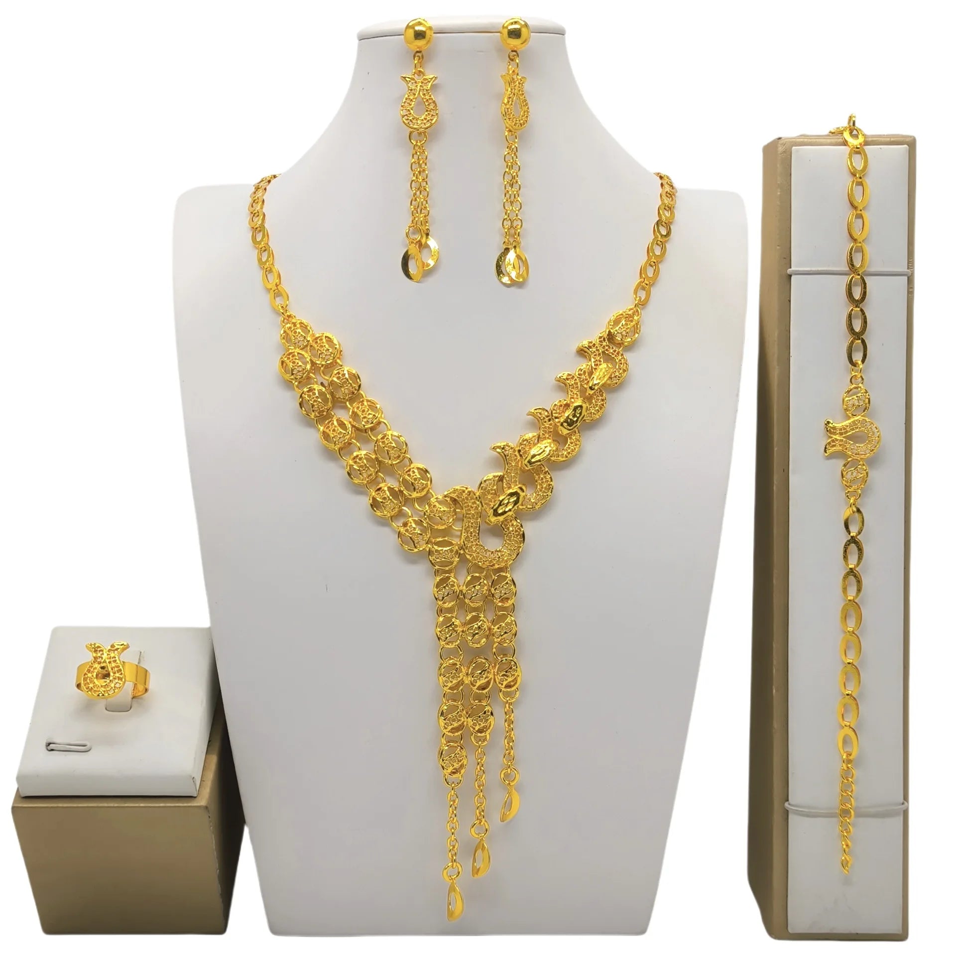 Ethiopian Gold Color Jewelry Set For Women Dubai Bridal Necklace Earring Bracelet Ring Set Moroccan African Jewellery Gift