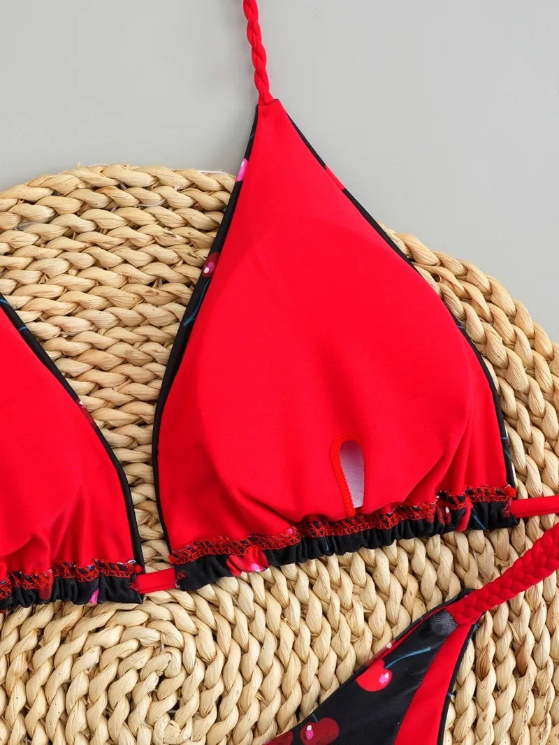 2026 New Bikinis Women Swimsuit Sexy Swimwear Halter Bikini Set Lace-up Biquine Brasileiro Thong Print Beachwear Party Wear