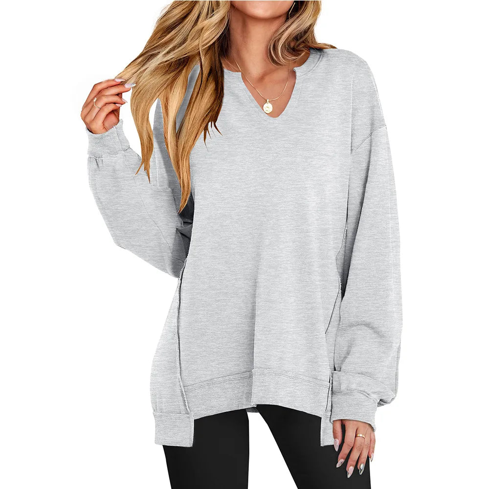 2026 Spring Sweatshirts Women Sweatshirt Tops V Neck Full Sleeve Y2k Streetwear Work Casual Loose Elegant Striped Top Autumn