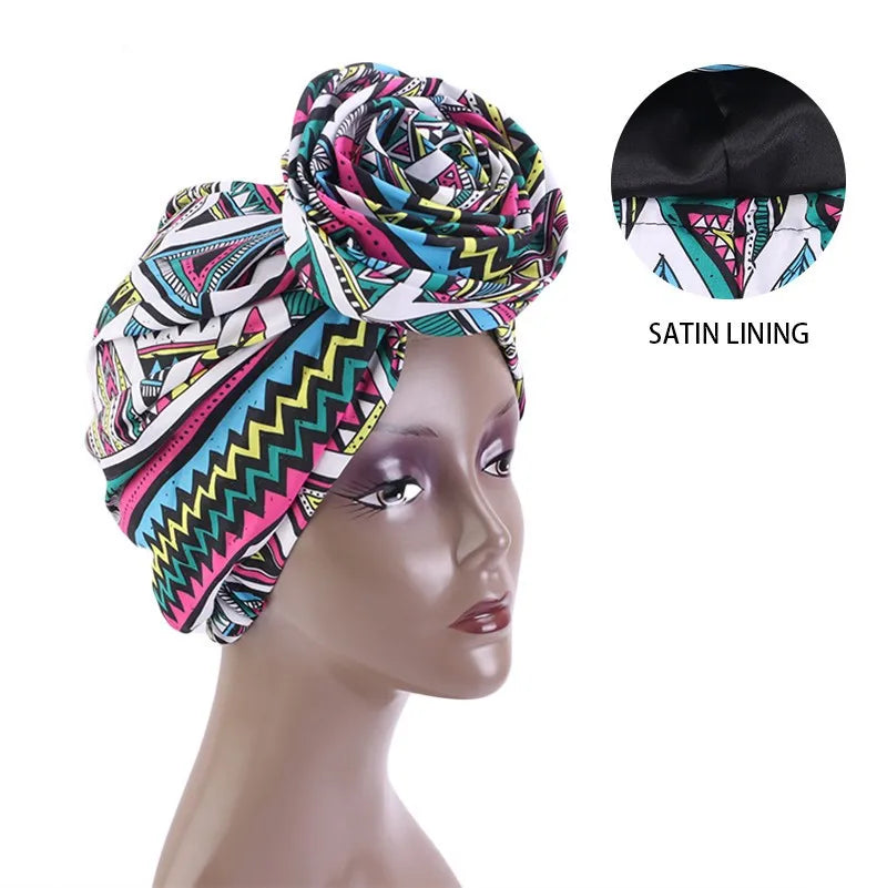 Big Flower Women's African Turban Cap Satin Lining Africa Pattern Printed Headwear Hat Female Head Wraps Ankara Hair Head Hat