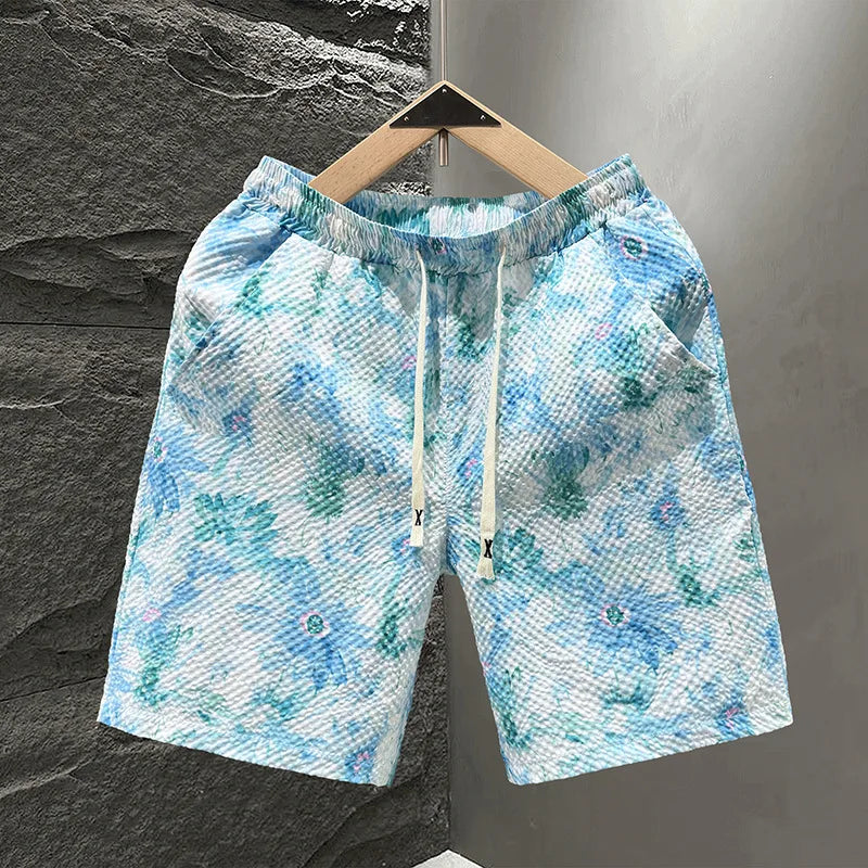 Casual Seersucker Texture Shorts Quick-Dry Breathable Straight Elastic Waist Printing Street Vacation Shorts Loose Fit Shorts