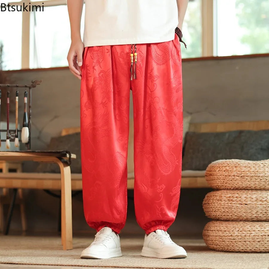 2026 Men's Chinese Style Pants Summer Ice Silk Casual Trousers Vintage Dragon Print High Quality Loose Wide Leg Harem Pants Male